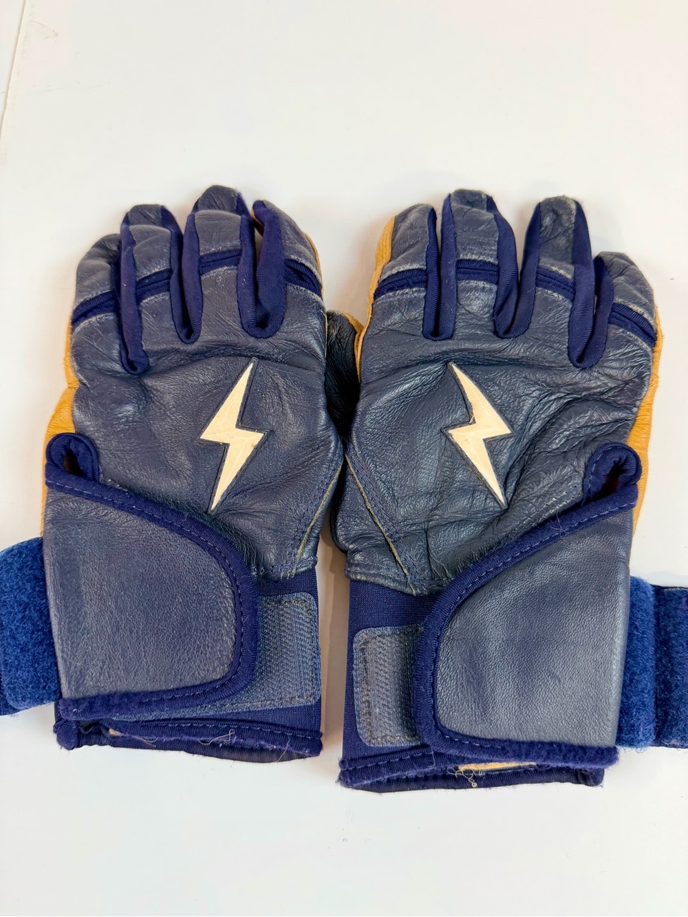 Bruce Bolt Navy & Tan Batting Gloves- w Wrist Cuff - good shape